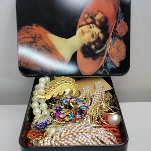 Vintage Tin With Assorted Jewelry